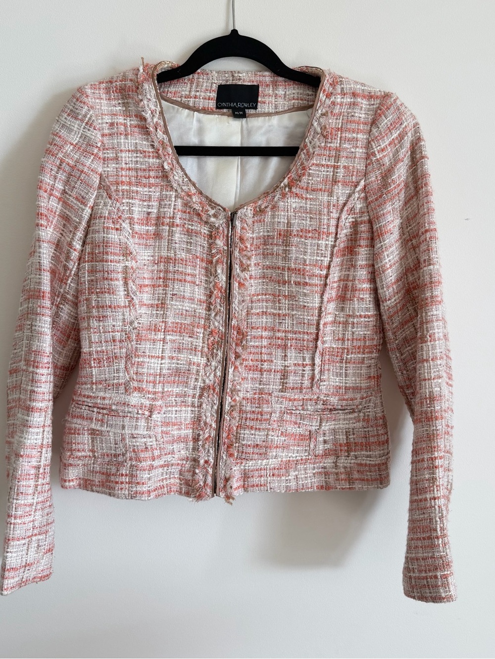 Cynthia Rowley Coral and Cream Tweed Zip Jacket
